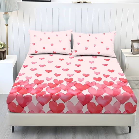 COEQINE Twin XL Sheet Set Soft Fade Resistant 3 Pieces Bed Sheets Set All Around Elastic Fitted Bedsheet & Pillowcases for Twin XL Size Bed for Valentine's Day Decor, Watercolor Pink Heart