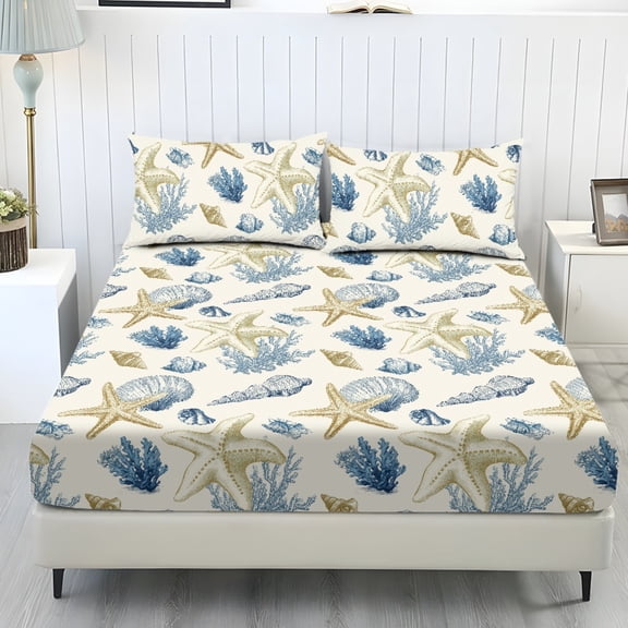 COEQINE Twin XL Sheet Set Soft Stretchy Bedding Sheet Set 3 Pieces Deep Pocket Holiday Bedding Set with All Around Elastic Snug Fit Bottom Bedsheet, Starfish Conch Shell Coral
