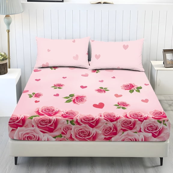 COEQINE Twin XL Sheet Set Soft Stretchy Bedding Sheet Set 3 Pieces Deep Pocket Holiday Bedding Set with All Around Elastic Snug Fit Bottom Bedsheet for Valentine's Day Decor, Pink Rose Heart