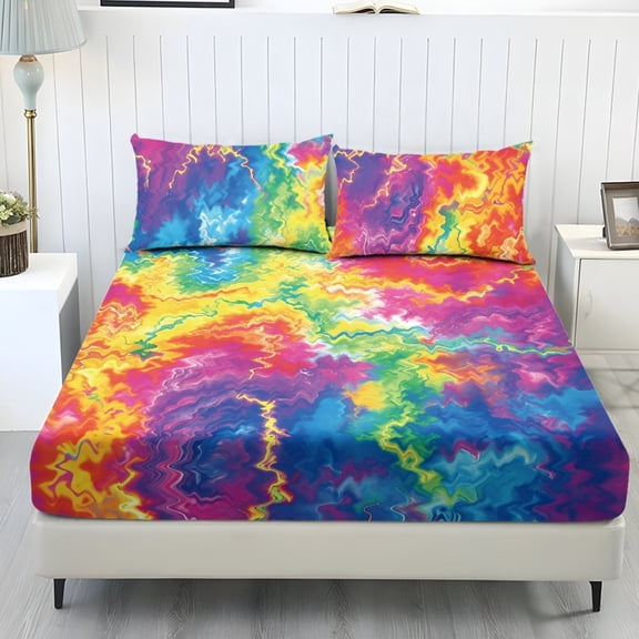 COEQINE Twin XL Sheets 3 Pieces Bed Sheets Set, Soft Fade Resistant Easy Care Bedding Set All Season Wrinkle Free Bottom Bedsheet for Twin XL Size Bed, Rainbow Tie-dye Print