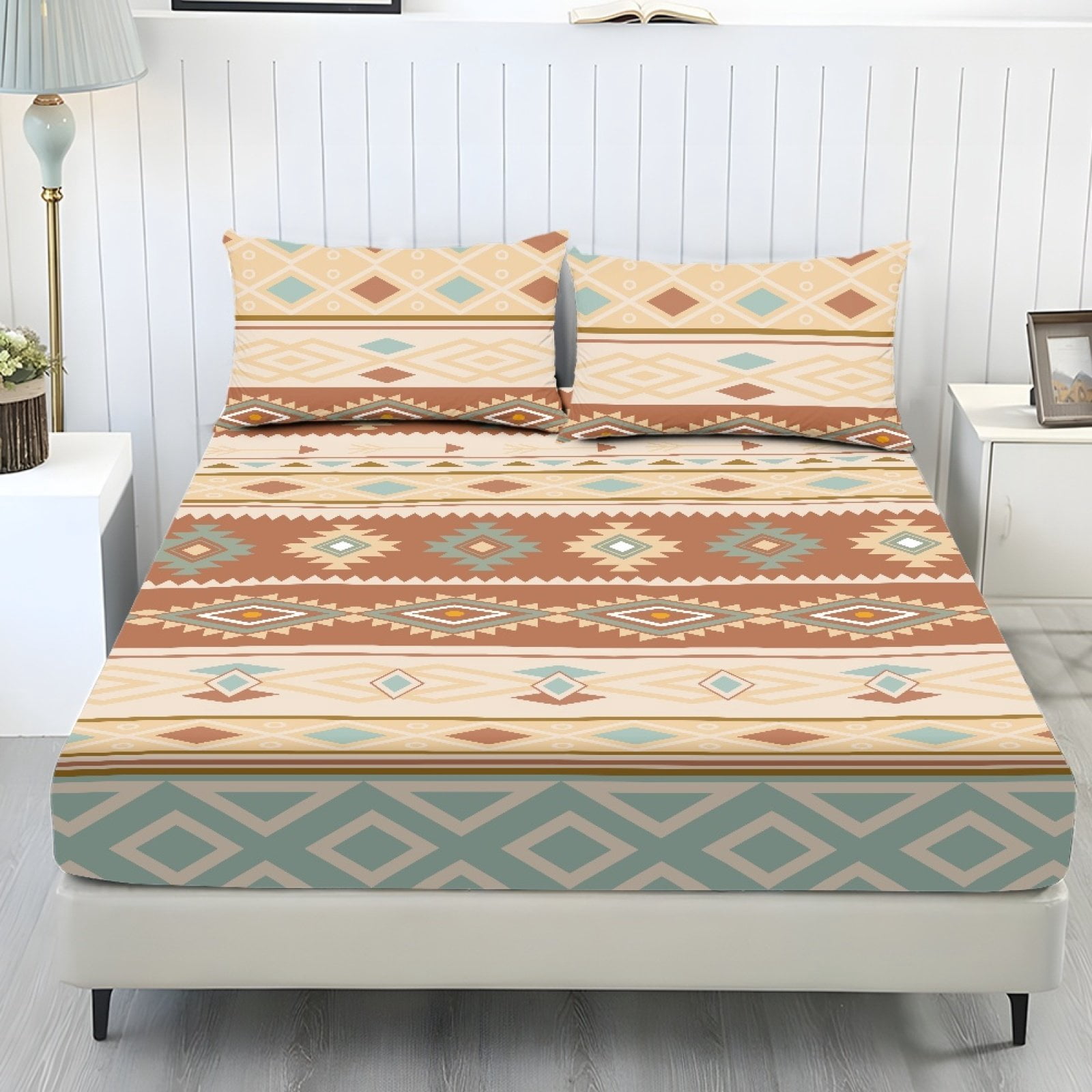 COEQINE Twin XL Sheets 3 Pieces Bedding Set, Comfort Wrinkle Free Fitted Sheet with 2 Pillowcases, Soft Winter Bottom Bedsheet Easy & Secure Fit, American Tribal Brown Blue