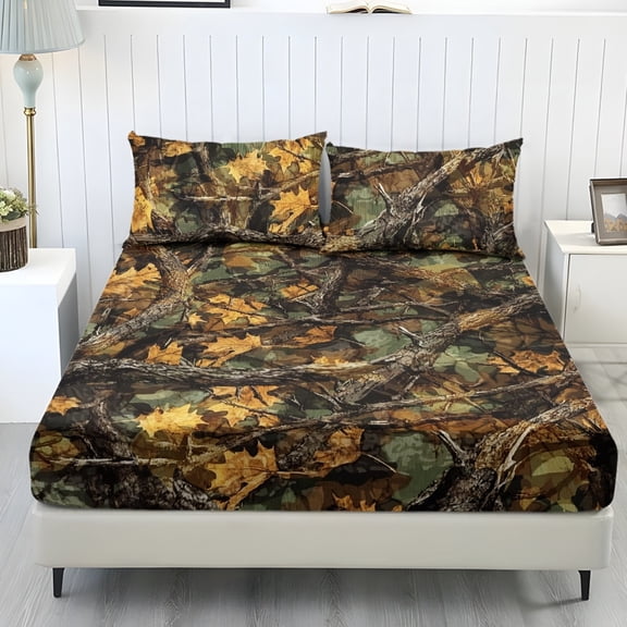 COEQINE Twin XL Size 3 Piece Sheet Set, Stay in Place Fade Stain Resistant Cooling Bed Sheets with All Around Elastic Soft Bedsheet & Pillowcases, Camo Hunting Branch Leaf Yellow