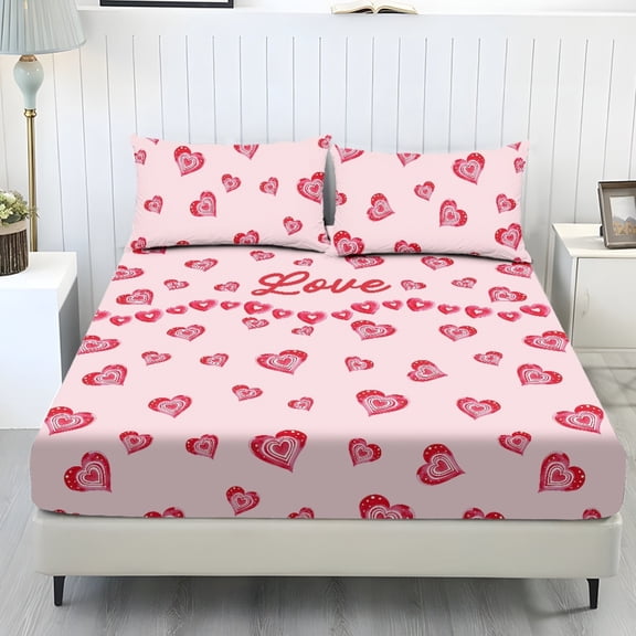 COEQINE Twin XL Size Sheet Comfy Bedding Fitted Sheet Non-Slip Snug Fit All Around Elastic Fitted Bottom Bedsheet Holiday Bed Set 3 Pieces Set for Valentine's Day Decor, Love Text Heart Print