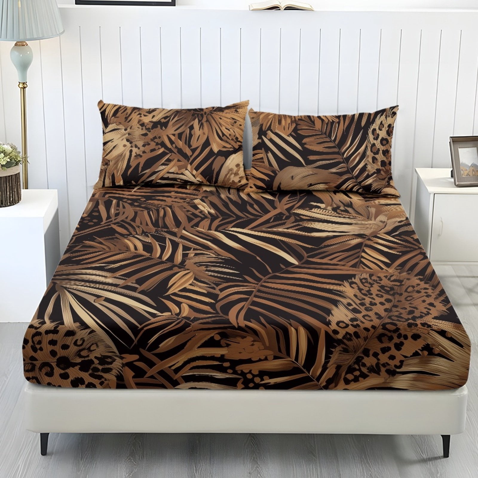 COEQINE Twin XL Size Sheet Set Soft Easy Care 3 Pieces Bedding Set Fade Resistant Stay in Place Include 1 Fitted Sheet & 2 Pillowcases for Women Men, Brown Tropical Palm Leaf