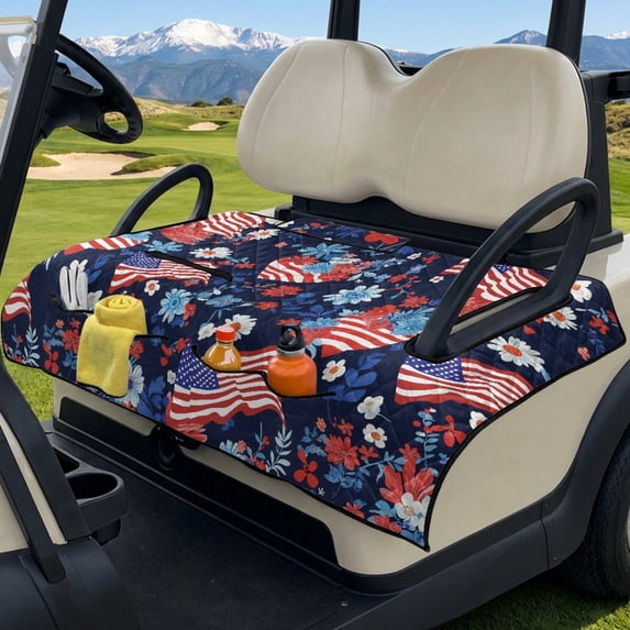 COEQINE US Flag Golf Cart Seat Towel Quilted Protective Cover with Carrying Handle, Universal Fit with Front Pockets, Fits for Most 2 Seats Club Car Patriotic Decor, American Flag Flower Heart