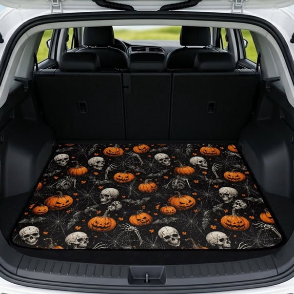 COEQINE Universal Boot Liner for SUV Sedan, Non-Slip Machine Washable Cargo Liner Pet Cargo Mat Accessories for Halloween Decor, Universal 29" x 39", Skull Skeleton Pumpkin