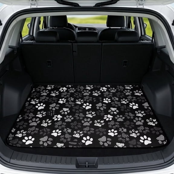 COEQINE Universal Car Trunk Liner for Dogs, All Weather SUV Cargo Mat Non-Slip Backing Trunk Protector Mat Fits Most Cars, SUVs & Trucks, Black White Paw Print