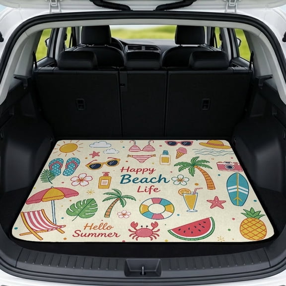 COEQINE Universal Car Trunk Liner for Dogs, All Weather SUV Cargo Mat Non-Slip Backing Trunk Protector Mat Fits Most Cars, SUVs & Trucks, Happy Beach Life Doodle