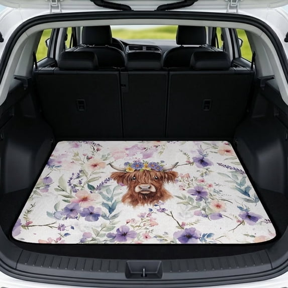 COEQINE Universal Car Trunk Liner for Dogs, All Weather SUV Cargo Mat Non-Slip Backing Trunk Protector Mat Fits Most Cars, SUVs & Trucks, Highland Cow Floral Violet