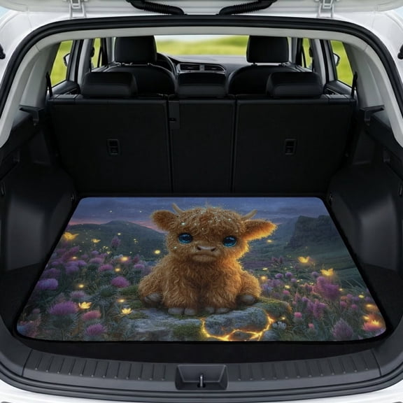 COEQINE Universal Car Trunk Liner All Weather Cargo Mat Car Boot Liner Non-Slip Scratch-proof Pet Cargo Cover Suitable for Most Car Models, Cute Highland Cow Night