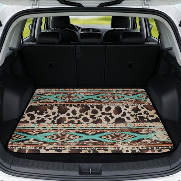 COEQINE Universal Car Trunk Liner All Weather Cargo Mat Protective Mat Non-Slip Scratch-proof Pet Cargo Cover Suitable for Most Car Models, Retro Brown Aztec Cow Print