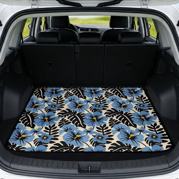 COEQINE Universal Car Trunk Mat All Weather Cargo Liner Floor Mat with Non-Slip Backing Scratch-proof Pet Cargo Mat Suitable for Most Car Models, Blue Hibiscus Monstera Leaf