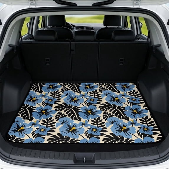 COEQINE Universal Car Trunk Mat All Weather Cargo Liner Floor Mat with Non-Slip Backing Scratch-proof Pet Cargo Mat Suitable for Most Car Models, Blue Hibiscus Monstera Leaf