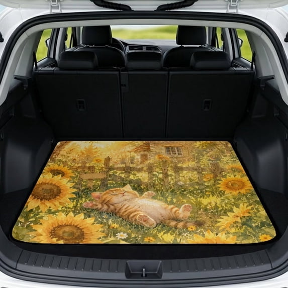 COEQINE Universal Car Trunk Mat All Weather Cargo Liner Floor Mat with Non-Slip Backing Scratch-proof Pet Cargo Mat Suitable for Most Car Models, Cat Sunflower Garden