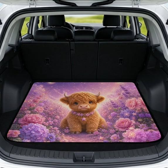 COEQINE Universal Car Trunk Mat All Weather Cargo Liner Floor Mat with Non-Slip Backing Scratch-proof Pet Cargo Mat Suitable for Most Car Models, Highland Cow Floral Purple Pink