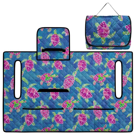 COEQINE Universal Golf Cart Seat Cover for 2-Seaters, Folds Like a Bag with Handle, 51.2x30.3 Inch Fit for EZGO/Yamaha/Club Car, 4-Pocket, Machine Washable, Purple Green Sea Turtle