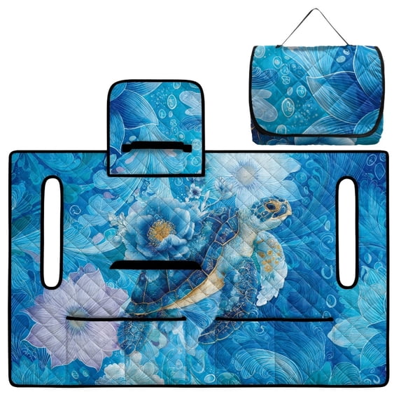 COEQINE Universal Golf Cart Seat Cover with Bag-Style Fold Design, Includes Carry Handle, Fits Most 2-Seaters, 51.2x30.3 Inch, Quilted Padding & 4 Front Pockets, Blue Sea Turtle Flower