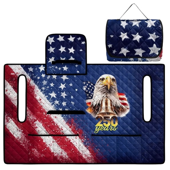 COEQINE Universal Golf Cart Seat Cover with Bag-Style Fold Design, Includes Carry Handle, Fits Most 2-Seaters, 51.2x30.3 Inch, Quilted Padding & 4 Front Pockets, Eagle USA US American Flag Splatter