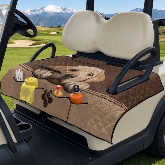 COEQINE Universal Golf Cart Seat Cover with Bag-Style Fold Design, Includes Carry Handle, Fits Most 2-Seaters, 51.2x30.3 Inch, Quilted Padding & 4 Front Pockets, Labrador Retriever Paw Brown