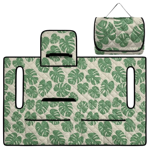 COEQINE Universal Golf Cart Seat Cover with Bag-Style Fold Design, Includes Carry Handle, Fits Most 2-Seaters, 51.2x30.3 Inch, Quilted Padding & 4 Front Pockets, Vintage Monstera Leaf