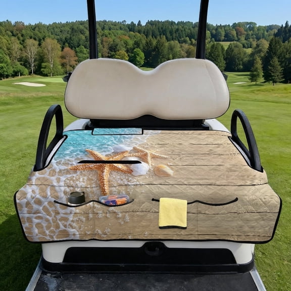 COEQINE Universal Golf Cart Seat Cover with Bag-Style Fold Design, Includes Carry Handle, Fits Most 2-Seaters, Quilted Padding & 4 Front Pockets, Beach Starfish Seashell Wood Grain