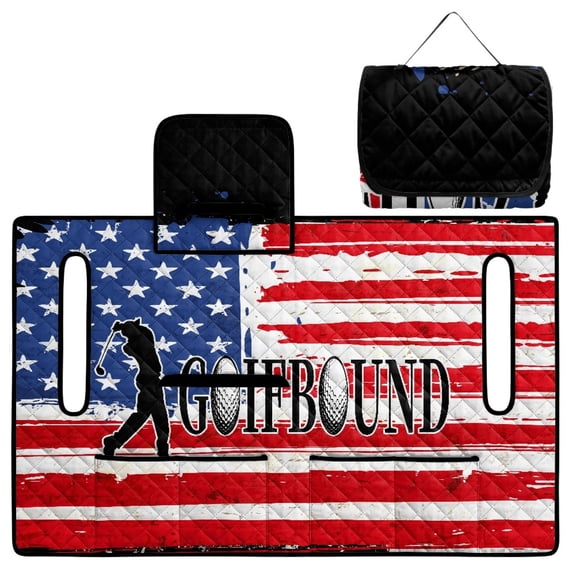 COEQINE Universal Golf Cart Seat Towel Blanket with 4 Front Pockets & Convenient Fold-Away Design, Fits for EZGO, Yamaha, Club Car and More 2 Person Seats, Golf Bound American Flag