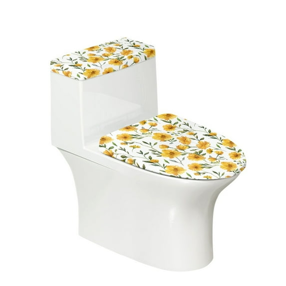 COEQINE Universal Toilet Lid Cover and Toilet Tank Cover, Breathable Stretchable Easy to Clean Toilet Lid Dust Cover 2 Piece Set, Yellow Flower Leaf White