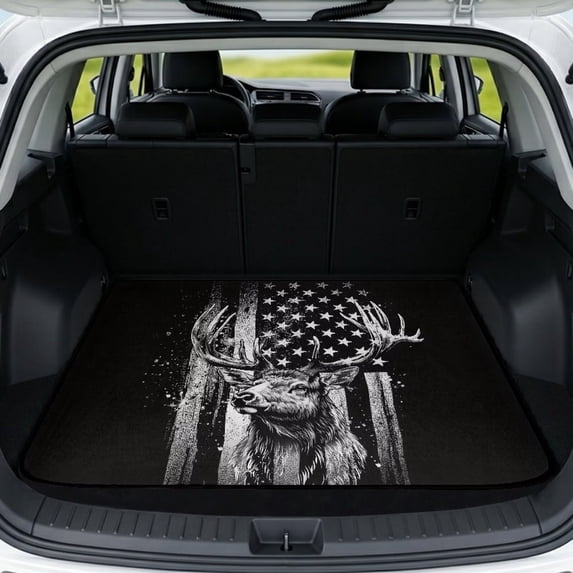 COEQINE Universal Trunk Liner for Dogs Cats, All Season Washable Cargo Cover Heavy Duty Rear Trunk Mat for for SUV Sedan Truck, 29" x 39", Deer American Flag Black