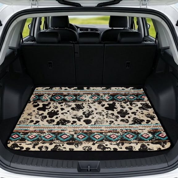 COEQINE Universal Trunk Liner for SUV Sedan, Non-Slip Machine Washable Cargo Liner Pet Cargo Mat Accessories for Families, Universal 29" x 39", Retro Aztec Cow Print