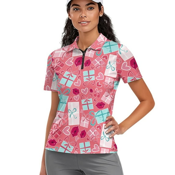 COEQINE V Neck Golf Shirts for Women 1/4 Zip Short Sleeve Golf Tops Gift Lip and Heart Print Moisture Wicking Polo Shirts Quick Dry Fit Workout Tennis Activewear, XL
