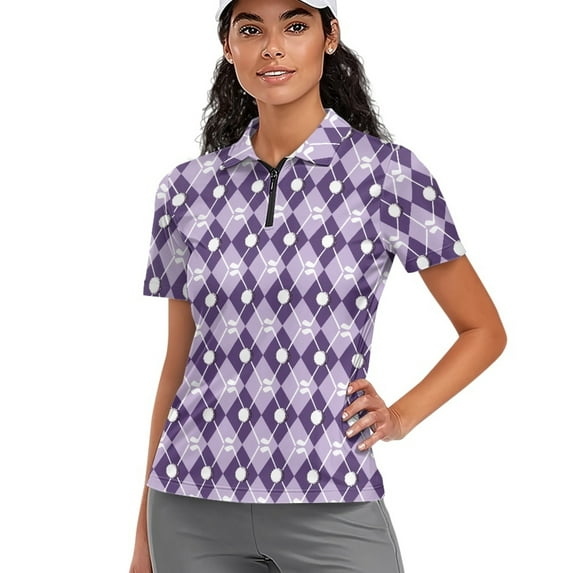 COEQINE V Neck Golf Shirts for Women 1/4 Zip Short Sleeve Polo Shirts Golf Ball Club and Purple Diamond Print Quick Dry Fit Golf Tops Lightweight Soft Tennis Activewear, L