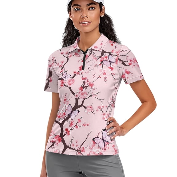 COEQINE V Neck Golf Shirts for Women 1/4 Zip Short Sleeve Quick Dry Fit Golf Tops Workout Lightweight Polo Shirts Pink Butterfly and Cherry Blossom Tree Print Soft Sportswear, 2XL