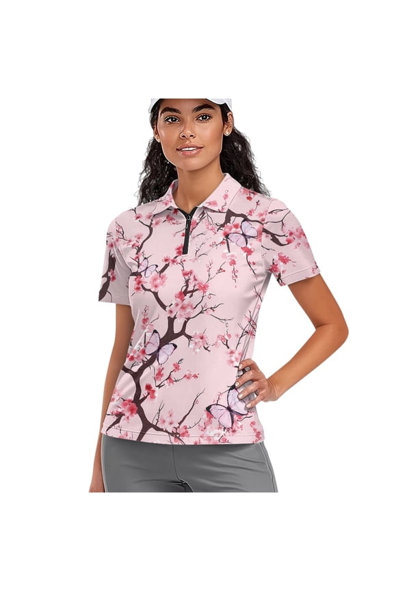 V Neck Golf Shirts for Women 1/4 Zip Short Sleeve Quick Dry Fit Golf Tops Workout Lightweight Polo Shirts Pink Butterfly and Cherry Blossom Tree Print Soft Sportswear, 2XL