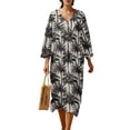 thumbnail image 1 of COEQINE Vacation Dress Women's 3/4 Sleeve Wrap V-Neck Boho Midi Tunic with Linen-Like Texture, Loose Beach Dress, Lightweight & Packable, Size XL, Black Tropical Palm Tree, 1 of 6