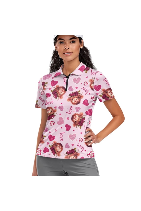 Valentine's Day Women 1/4 Zip Golf Shirts Quick Dry Fit Moisture Wicking Golf Polo Shirt Lightweight Short Sleeve Sportswear Love Highland Cattle Heart Pink Print Tennis Activewear, M