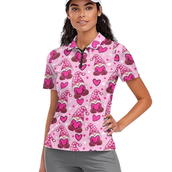 COEQINE Valentine's Day Women Short Sleeve Golf Shirts Moisture Wicking Quick Dry Fit Sportswear Lightweight 1/4 Zip Golf Polo Tops Pink Gnome Leprechaun Heart Print Tennis Shirts, S