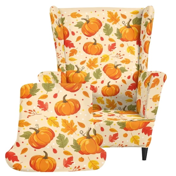 COEQINE Wing Back Chair Cover Fall Pumpkin Leaf 2-Piece Sofa Cover with Arms, Printed Separate Cushion Cover, with Elastic Bottom, for Bedroom Hotel Fall Autumn Decor