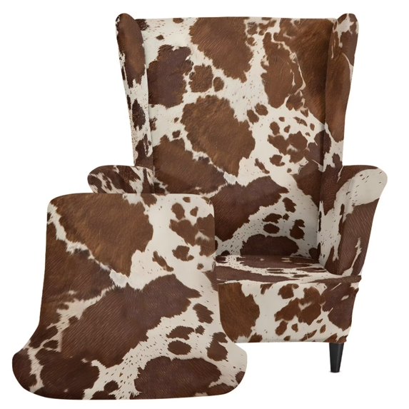 COEQINE Wing Chair Cover Brown Cow Print Spandex Wingback Chair Slipcover, Soft Furniture Protector for Pets, All-Season, Machine Washable, Home Decor