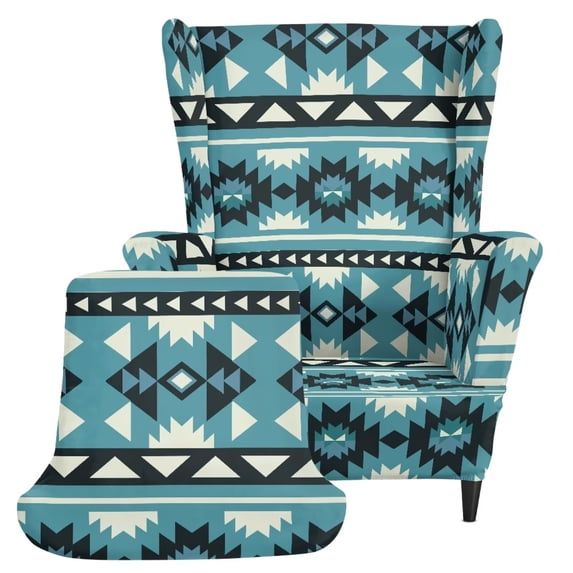 COEQINE Wing Chair Slipcover Southwest Aztec Blue Gray Printed Wingback Armchair Cover, Non-Slip Accent Chair Protector, with Elastic Bottom, Washable Home Decoration