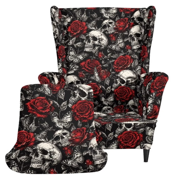 COEQINE Wingback Armchair Slipcover Skull Butterfly Red Rose 2-Piece Wing Back Sofa Cover, Soft High Stretch Spandex, Separate Cushion Cover, for Living Room Bedroom Halloween Decor