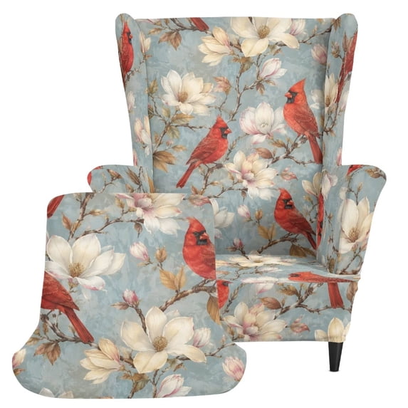 COEQINE Wingback Sofa Cover Cardinal Bird Magnolia Blue 2-Piece Wing Chair Slipcover, Elastic Separate Cushion Cover, Non-Slip Easy On & Off, for Living Room, Hotel