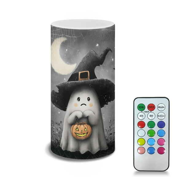 COEQINE Wizard Hat Ghost Pumpkin Moon Gray Flameless Candle Battery Powered with Remote Control 12 Colors 4/8 Hours Timer LED Night Lights Pillar Candle Tealights Halloween Decorations