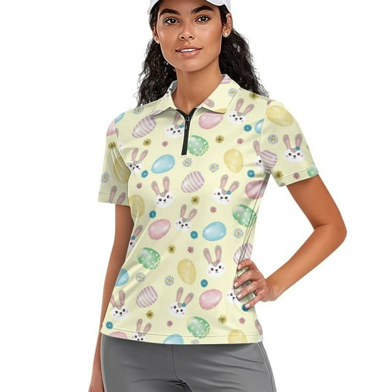 COEQINE Women 1/4 Zip Golf Shirts Easter Floral Egg Cute Bunny Print Short Sleeve Cooling Bowling Shirt Workout Lightweight Golf Polo Tops Quick Dry Fit V Neck Sportswear, 2XL