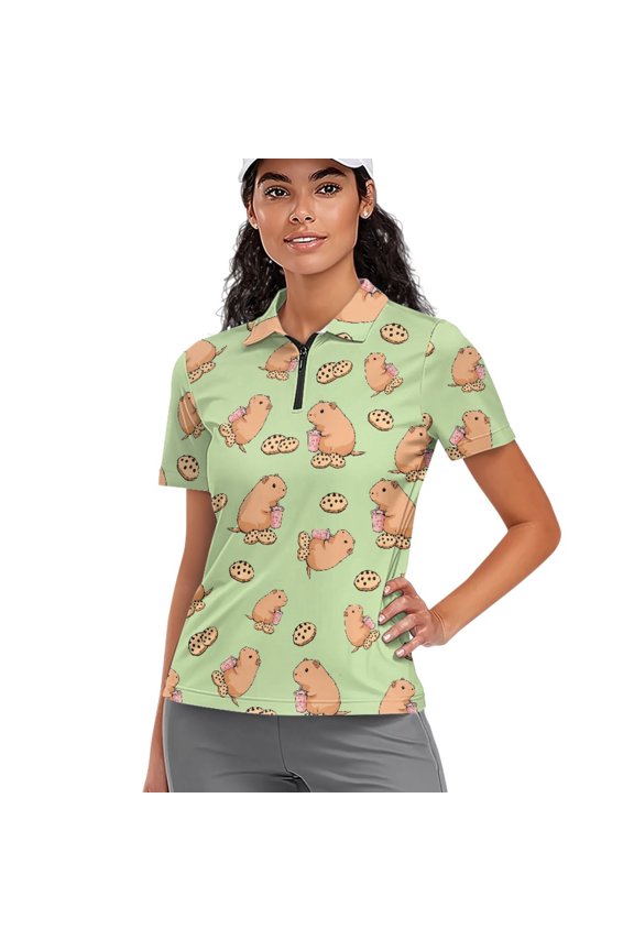 Women 1/4 Zip Golf Shirts Moisture Wicking Short Sleeve Tennis Activewear Marmot and Cookies Print Lightweight Golf Polo Shirts Pullover Quick Dry Fit Athletic Tops, M