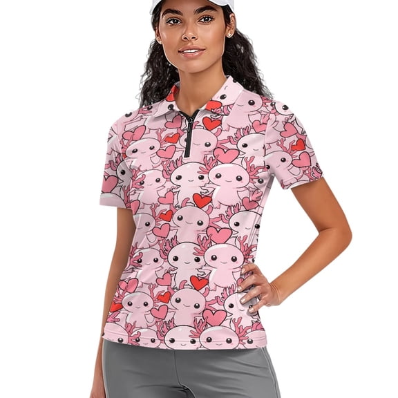 COEQINE Women 1/4 Zip Golf Shirts Moisture Wicking Soft Golf Tops Axolotls and Heart Print Lightweight Polo Shirts Short Sleeve Quick Dry Fit Sportswear for Valentine's Day, S