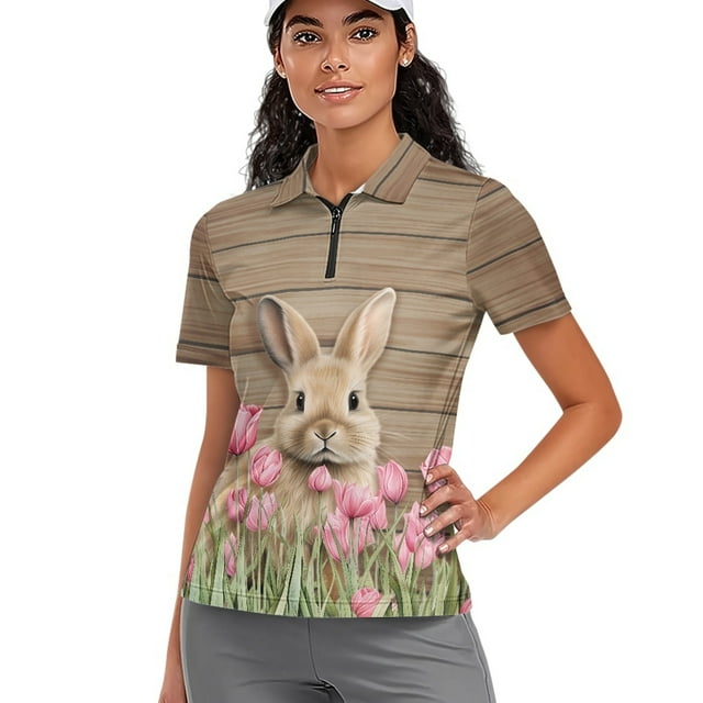 COEQINE Women 1/4 Zip Golf Shirts Moisture Wicking Soft V Neck Golf Tops Easter Brown Bunny Tulips Print Short Sleeve Polo Shirts Pullover Workout Athletic Tops, S