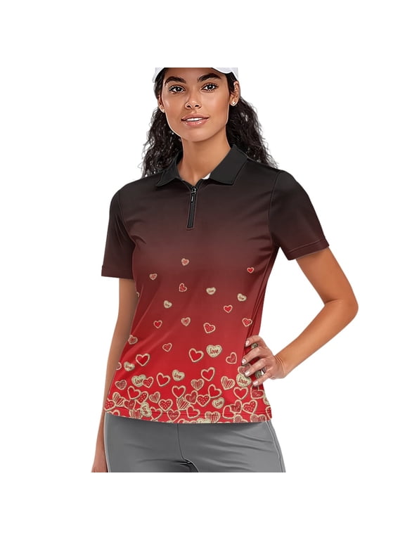 Women 1/4 Zip Golf Shirts Moisture Wicking Workout Lightweight Golf Tops LOVE Heart Red Gradient Print Short Sleeve Polo Shirts Quick Dry Fit Sportswear for Valentine's Day, 2XL