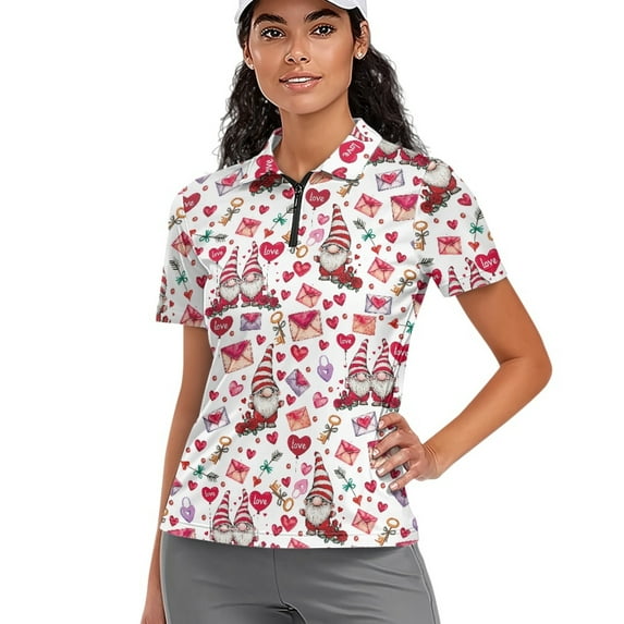 COEQINE Women 1/4 Zip Golf Shirts Quick Dry Fit Workout Tennis Activewear Love Letter Heart and Gnome Leprechaun Print Lightweight Short Sleeve Golf Polo Tops for Valentine's Day, S
