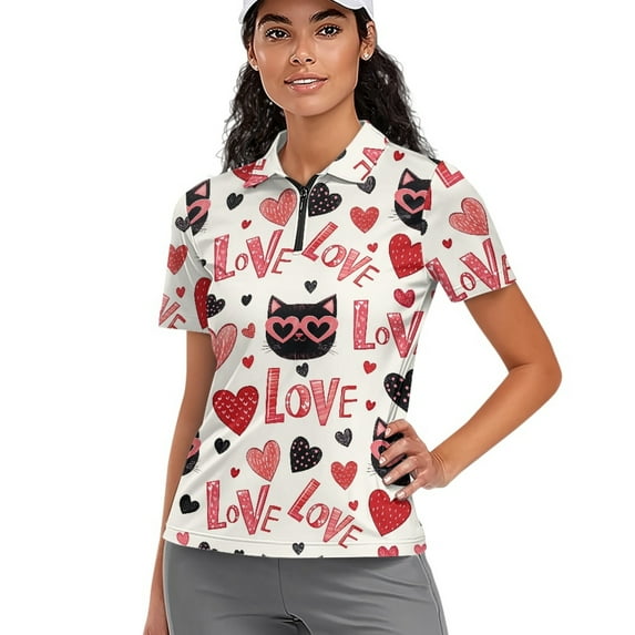 COEQINE Women 1/4 Zip Golf Shirts for Valentine's Day Short Sleeve V Neck Golf Polo Shirt Soft Quick Dry Fit Sportswear LOVE Cat Heart White Print Tennis Shirts Pullover Athletic Tops, S