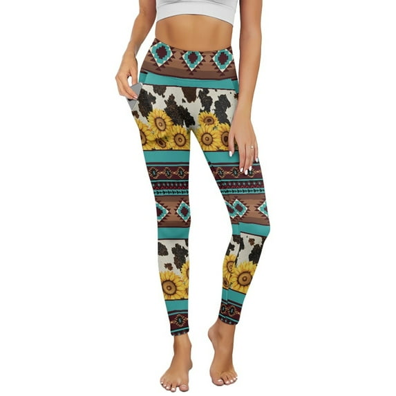 COEQINE Women 4-Way Stretch Yoga Leggings with Pockets High Waisted Tummy Control Comfortable Gym Pants Buttery Soft No See Through Workout Tights, Sunflower Cow Spot American Tribal, XL